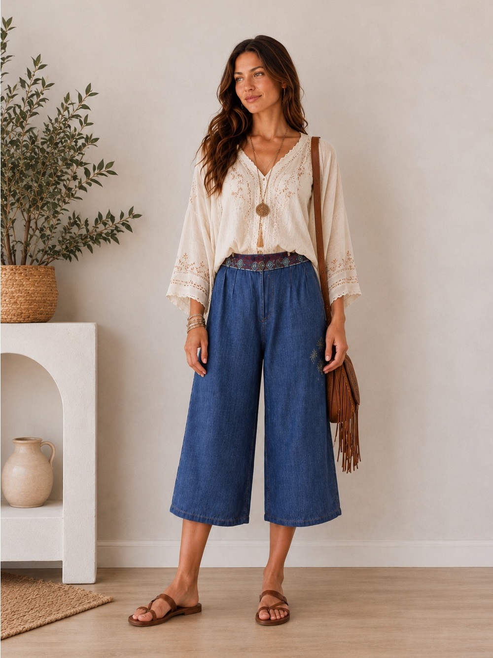 Desigual Embroidery/Sequences Wide Leg Cropped Pants